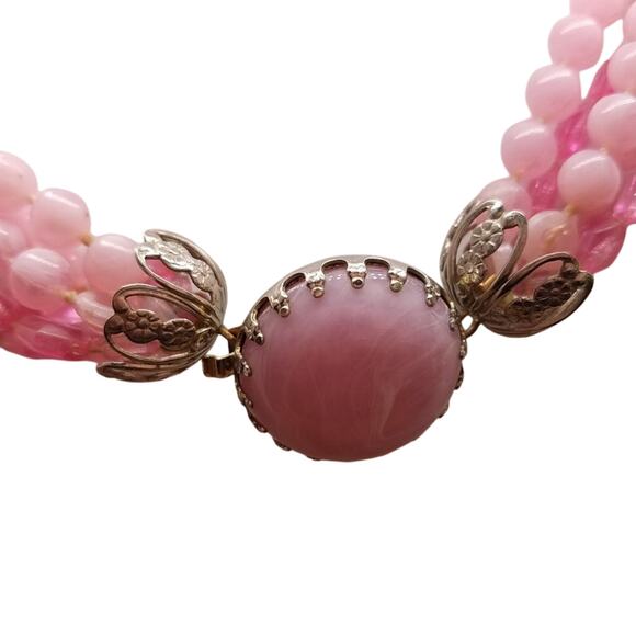 Vintage 1950s Pink Lucite Beaded Necklace 5 Strands Faceted & Opaque Beads - Picture 8 of 10